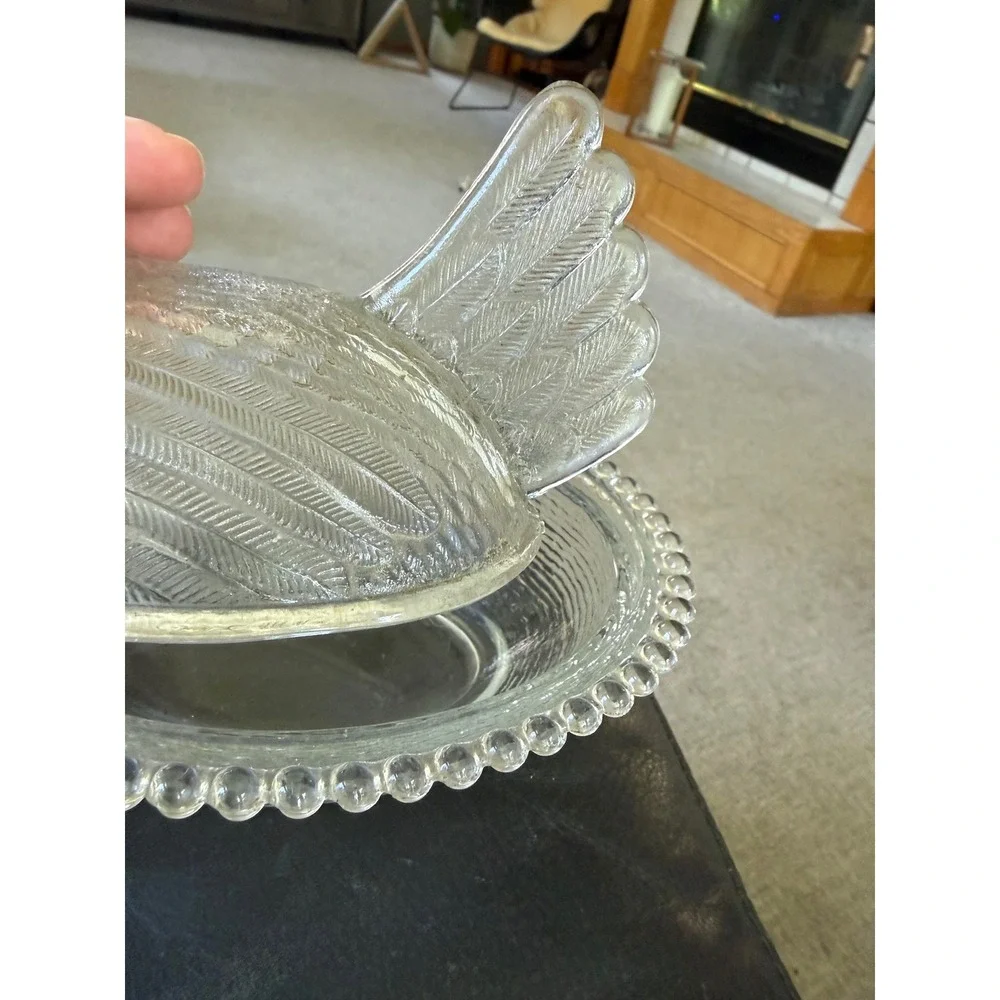 Vintage Indiana clear Glass Hen on Nest Covered Dish Beaded Rim Farmhouse
